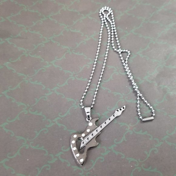 Stainless Steel Gunmetal Guitar Necklace – Rock Music Pendant, Unisex, NWT - Picture 1 of 4